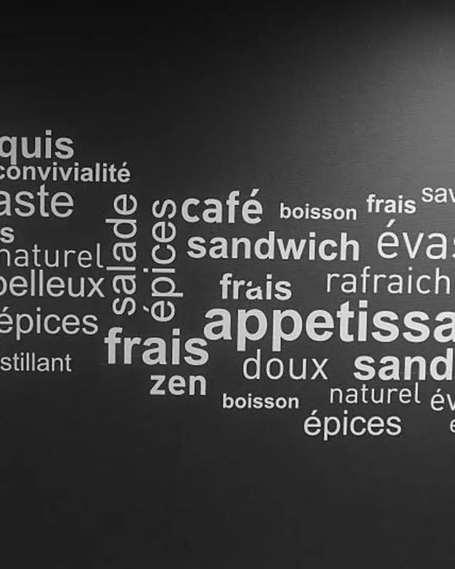 White word-cloud wall graphics on a dark café wall
